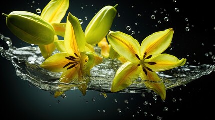  a group of yellow flowers floating on top of a body of water.  generative ai