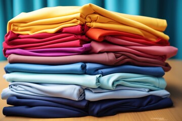 Stack of colorful shirts on wooden table. Shallow depth of field.