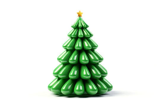 Plastic 3d New Year pine tree with golden star on top on white background. Merry Christmas concept