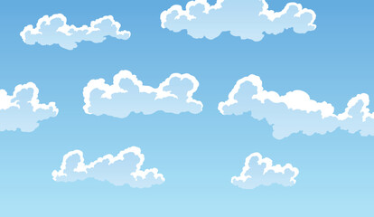 Cartoon clouds landscape light background. Cloudscape in blue sky, white cloud illustration. Blue sky panorama, vector pattern