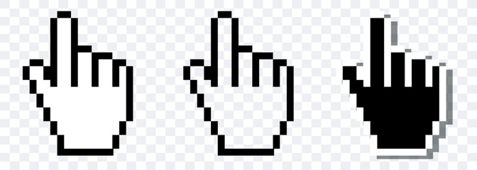 Mouse pixelated cursor. Mouse hand cursor. Computer Mouse click cursor. Black vector icon. Vector clipart.
