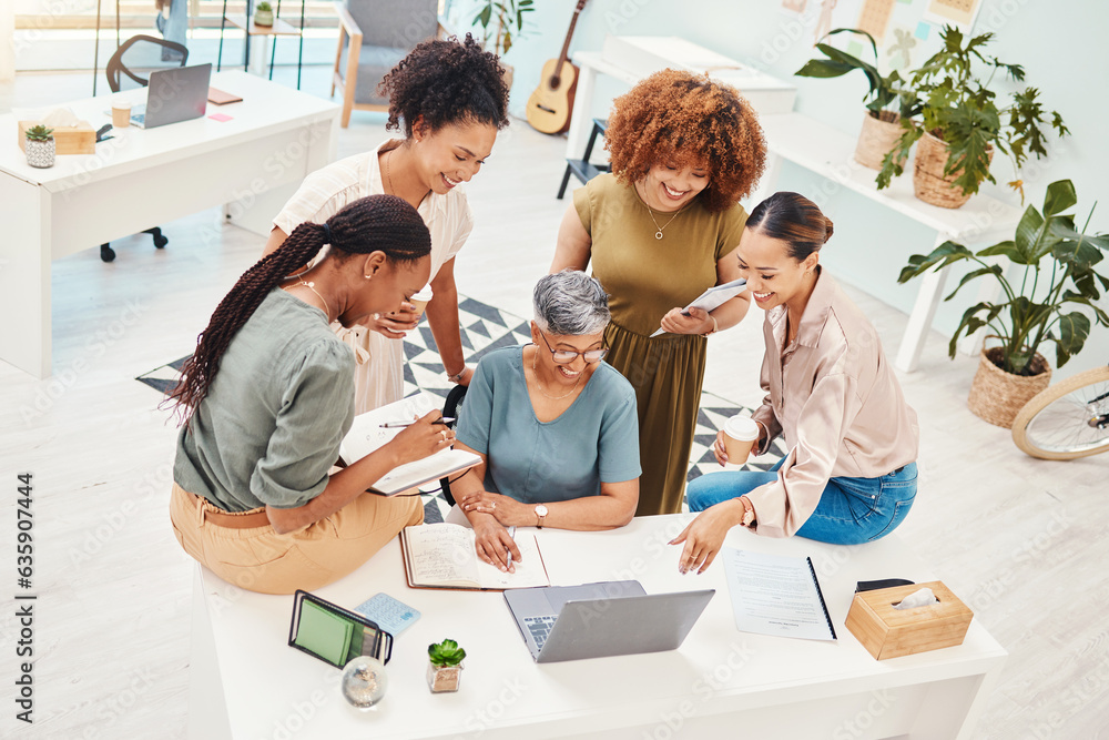 Poster business women, meeting and computer planning, design teamwork or brainstorming for office website i