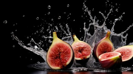  a group of figs with water splashing on them.  generative ai