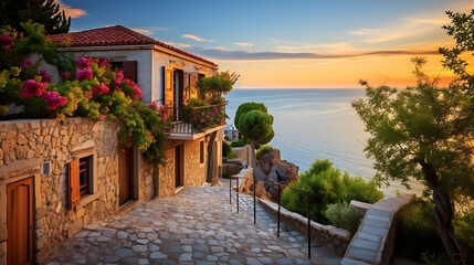 Naklejka premium Witness the charm of Mediterranean houses with this captivating image. Perched on cliffs or nestled in quaint villages, these houses boast panoramic views of the Mediterranean Sea. Stone walls, wooden