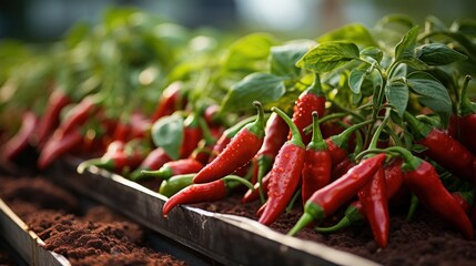 Red and green chilies growing in the vegetable garden