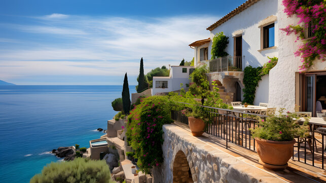 Witness the charm of Mediterranean houses with this captivating image. Perched on cliffs or nestled in quaint villages, these houses boast panoramic views of the Mediterranean Sea. Stone walls, wooden