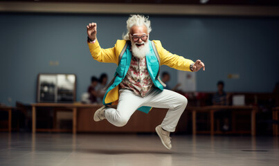 Laughing Old Man in Gymnastics Pose: Active Senior Lifestyle
