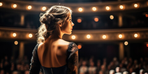 Soprano Opera Singer in Elegant Dress: A photo of a soprano opera singer in an elegant dress, performing on stage in an opera house.