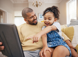 Fototapeta premium Cartoon, pointing and a child with a father and tablet for a movie and streaming games. Excited, family and a dad with a girl kid and gesture to technology for a show or social media in a house