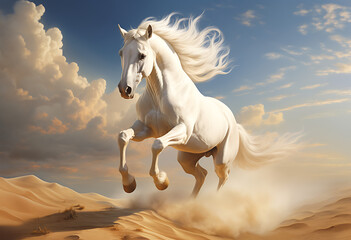 Naklejka na ściany i meble beautiful White horse galloping running on the sand in two legs 