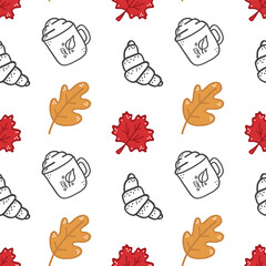 Cute seamless pattern break  with autumn leaves oak, maple, croissant, cocoa with foam, cookies. For greeting cards, wallpaper, gift paper, pattern fills, web page background, gift pape