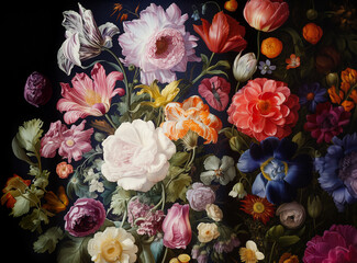 A colorful and varied flower arrangement, overflowing the frame. The flowers contrast with the black background. Cheerful and lively mood.