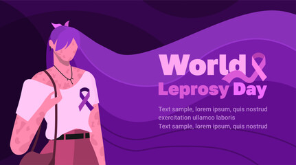 World Leprosy Day 30 January. Young modern woman with violet hair and color purple ribbon. Light purple text. Awareness, healthcare and medical concept. Modern design suitable for poster.