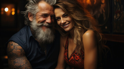 Happy senior couple. Older people doing romantic date for celebrating anniversary. Hipster tattoo love concept.