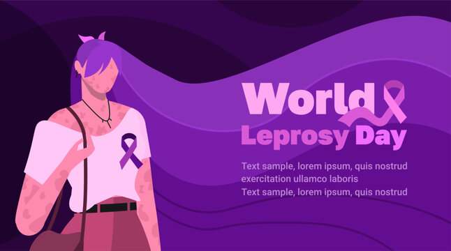 World Leprosy Day 30 January. Young modern woman with violet hair and color purple ribbon. Light purple text. Awareness, healthcare and medical concept. Modern design suitable for poster.