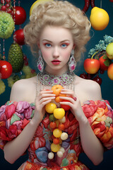 Fototapeta na wymiar Beautiful blonde model woman dressed in a fruity colorful dress and holding fuits