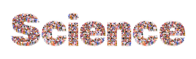Large group of people forming word Science. Science, education and knowledge concept.  Vector illustration. Not AI generated. Suitable for banner, greeting card, cover, web, social media, poster 