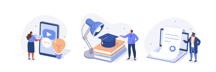 Education concept illustrations set. Students preparing to start a new academic year and studying with book on various subjects. Vector illustration. - 635909830