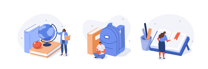 Education concept illustrations set. Students studying with book online on educational platform and achieving academic certificate or diploma. Vector illustration.