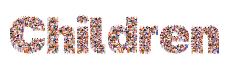  Large group of people forming word Child. Happy Children's Day. People crowd concept. Flat vector illustration isolated on white background