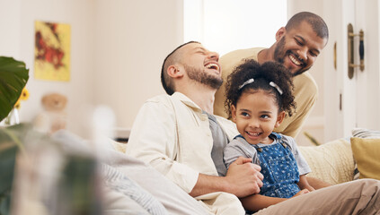 Gay family, laughing and a child on a home sofa with love, care and funny joke in lounge. Lgbtq...