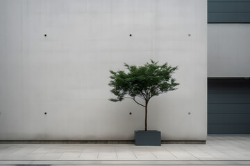 tree in a vase outside a building