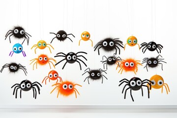 Halloween Hanging Toy Spiders on a White Wall background, generative ai