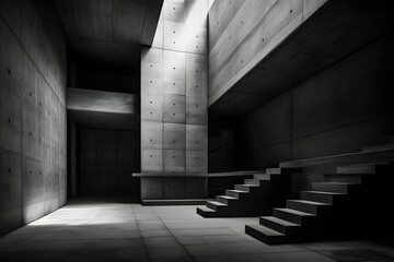 large empty room with stairs, black and white