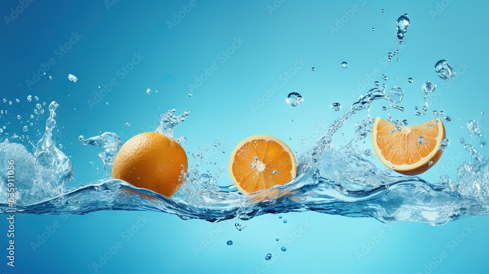 Poster a group of oranges floating in the water with bubbles. generative ai