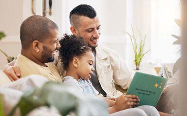 Gay couple, child and book on sofa with smile, bonding and love in storytelling in living room...