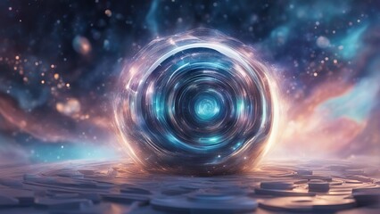 Abstract art concept, neutrons protons protons dark matter formation, energy curls in a circle, cosmic starry background - obrazy, fototapety, plakaty