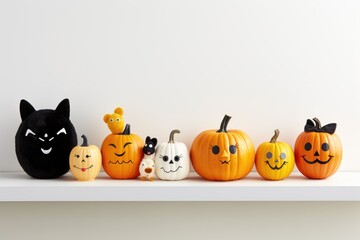 Halloween Pumpkins and Cats Decoration on White Shelf, generative ai
