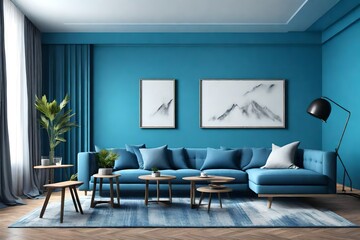 Modern interior of lounge and living room design and blue wall background , Generative ai