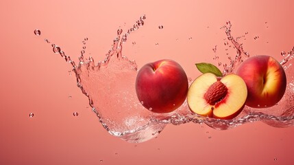  three peaches with a slice cut out of them in water.  generative ai