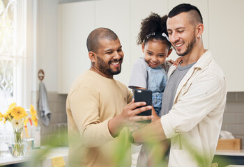 Selfie, blended family and a girl with her lgbt parents in the kitchen together for a social media...