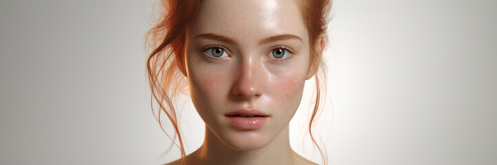 Close-up beauty portrait of a young redhead woman with freckles on a light background