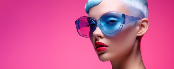Close-up beauty portrait of a young blonde woman with short hair wearing blue sunglasses on a pink background