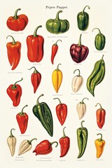 Simple, clean botanical illustration of assorted peppers and spice plants on a white background.