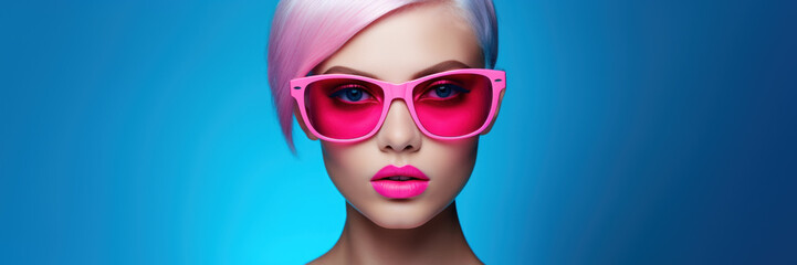 Close-up beauty portrait of a young woman with short pink hair wearing pink sunglasses on a blue background