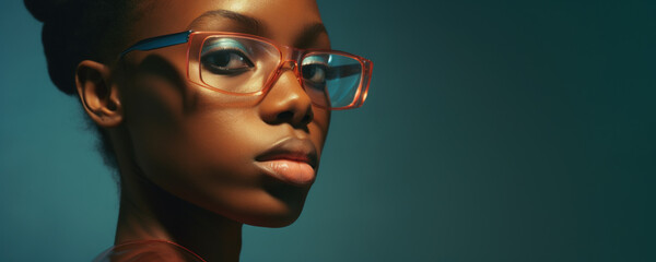 Close-up beauty portrait of a young African American woman wearing glasses on a green background