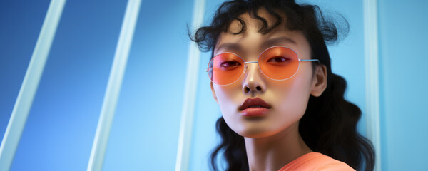Close-up beauty portrait of a young asian woman wearing sunglasses on a blue background - 635911859