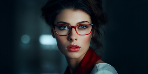 Close-up beauty portrait of a young woman wearing glasses on a dark background