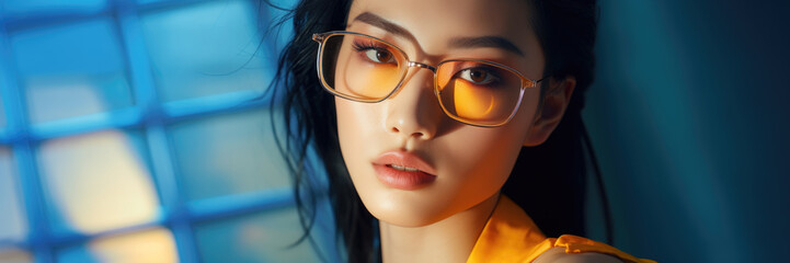 Close-up beauty portrait of a young asian woman wearing glasses on a blue background - 635911867