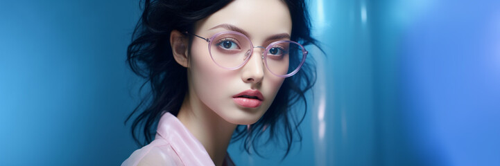 Close-up beauty portrait of a young asian woman wearing glasses on a blue background