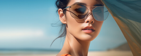Close-up beauty portrait of a young asian woman on the beach wearing sunglasses on a blue background - 635911899