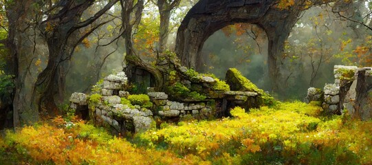 Mystical woodland forest in Autumn with remnants of old druid buildings in ruin. Enchanted magic forest, ancient trees, colorful flowers, peaceful dreamy fairytale fantasy wonderland, generative ai