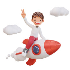 3d rendered cute student character is flying on a rocket