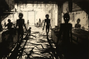 Nightmarish swarm of shadowy figures lurking in the room, Shadow of a ghost in halloween. Generative AI