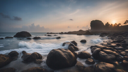 Obraz premium white sandy beach, rocks and blue sky