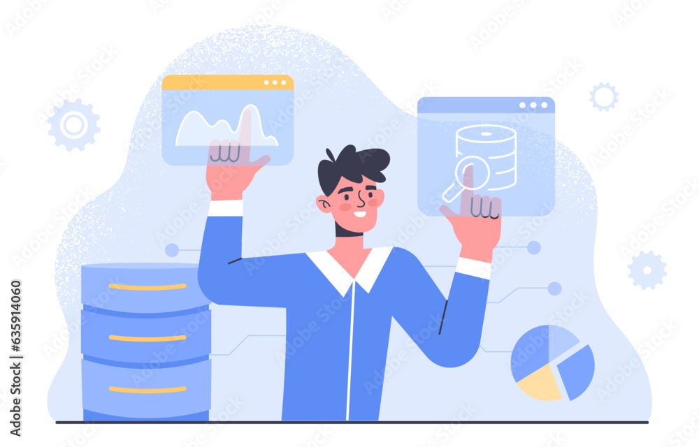 Poster man with big data concept. young guy works with statistics and information. infographics and data vi
